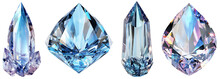 A Set Of Blue, Natural, Faceted Crystals Of Various Shapes. Isolated On Transparent Background. KI.