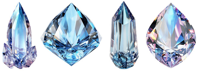 a set of blue, natural, faceted crystals of various shapes. isolated on transparent background. ki.