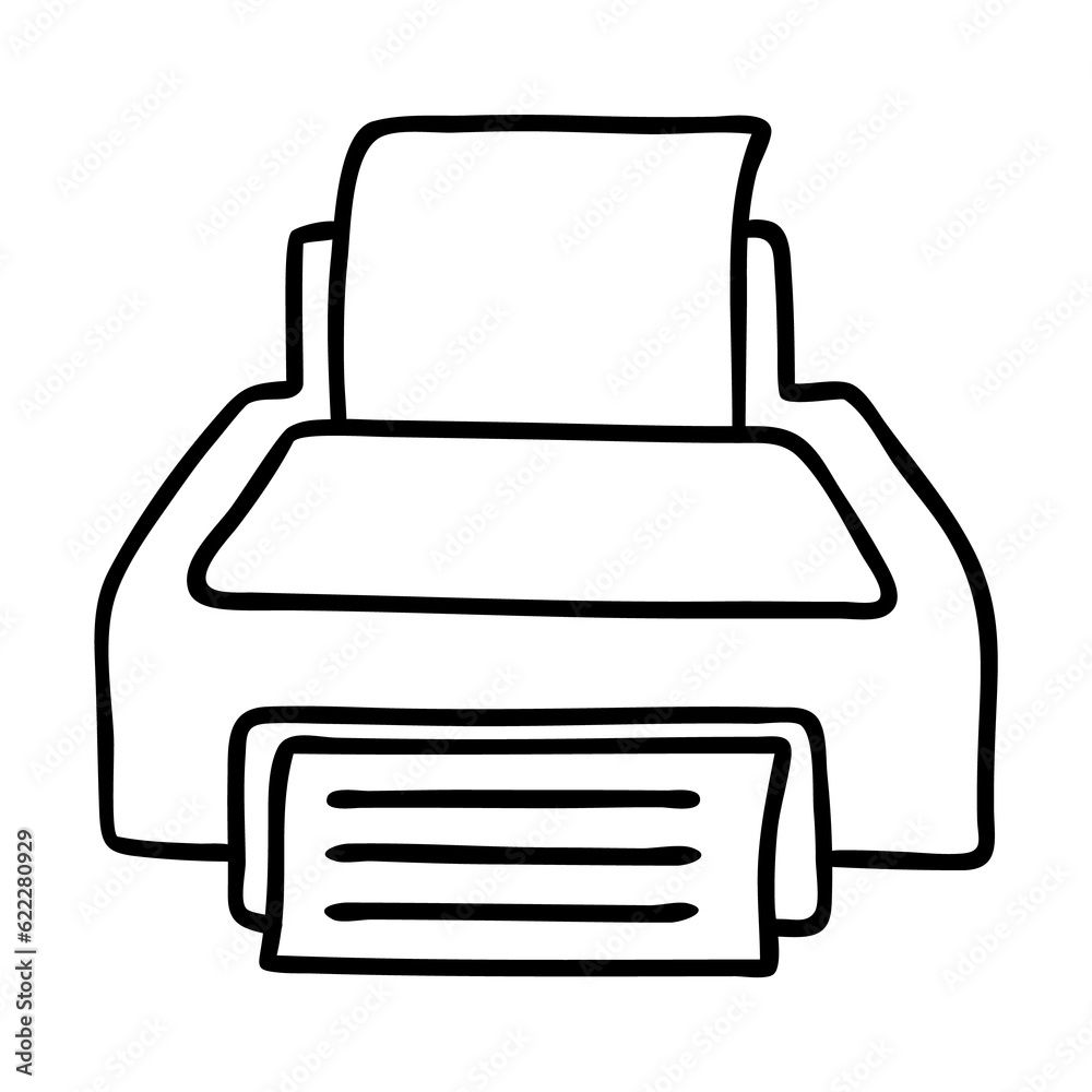 Doodle printer icon or logo, hand drawn with thin black line. Png ...