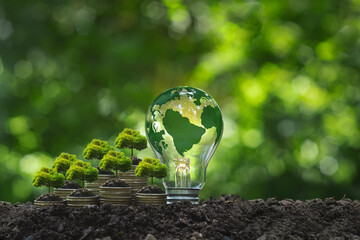 Wall Mural - Tree on a pile of silver coins and a light bulb with a world map Green business concept, finance and investment for sustainability and carbon credit.