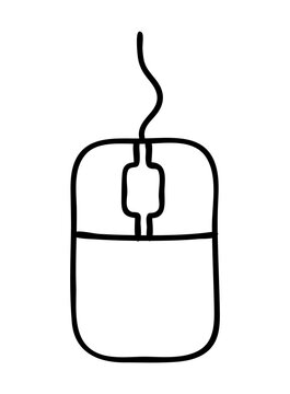 Doodle computer mouse icon or logo, hand drawn with thin black line. Png clipart isolated on transparent background