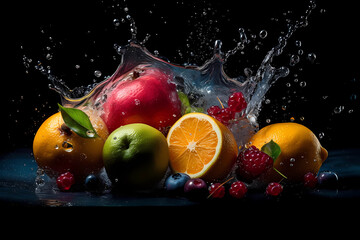 Wall Mural - different fruits splashing with water on black background