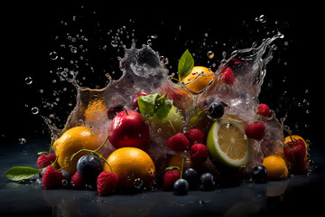 Wall Mural - fruit splashing in water on the black background