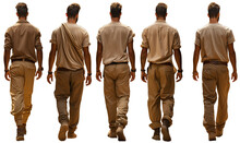 Five Times An Illustration Of A Young Walking Man In Brown Clothes, Back View On A Transparent Background, Generative AI