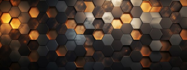 Wall Mural - Abstract futuristic luxurious digital geometric technology hexagon background banner illustration 3d - Glowing gold, brown, gray and black hexagonal 3d shape texture wall (Generative Ai)