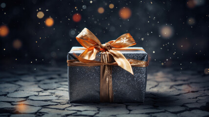 Wall Mural - Gift box wrapped with glittering blue paper. Golden ribbon with big bow. Festive bokeh background.