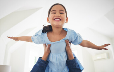 Sticker - Airplane, game and portrait of girl child with father in a living room with love, bonding and having fun in their home. Flying, playing and face of happy kid with parent in a lounge with fantasy