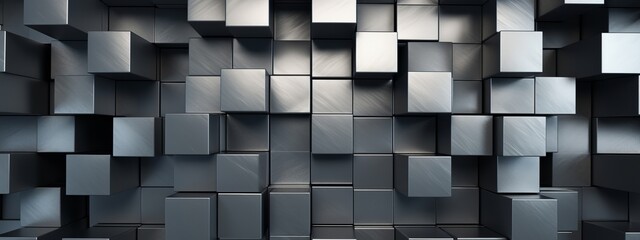 Poster - Abstract geometric metallic silver 3d texture wall with squares and square cubes background banner illustration with glowing lights, textured metal wallpaper (Generative Ai)