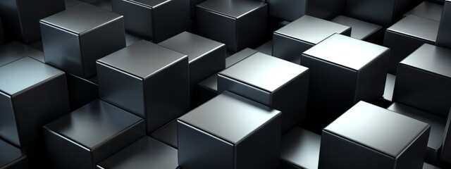 Poster - Abstract geometric metallic silver 3d texture wall with squares and square cubes background banner illustration with glowing lights, textured metal wallpaper (Generative Ai)