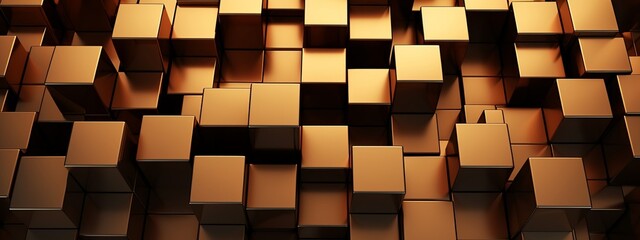 Fototapete - Abstract geometric metallic gold 3d texture wall with squares and square cubes background banner illustration with glowing lights, textured metal wallpaper (Generative Ai)