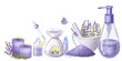 Banner violet lavender flowers, essential oil, cosmetics bottles, soap. Hand drawn watercolor illustration isolated on white background. For cosmetics packaging, beauty magazines, logo