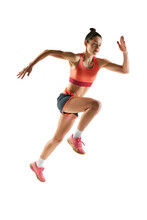 Athletic Young Woman In Sportswear Train, Running Isolated Over Transparent Background. Sprinter