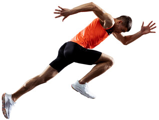 Developing speed. Muscular young man, professional athlete in motion, running isolated over transparent background