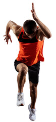 Front view. Dynamics. Muscular young man, professional athlete in motion, running isolated over transparent background