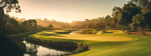 sunset on golf course in nature with a lake, banner made with Generative AI