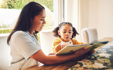 mom, girl child and book for reading, spelling and learning for literature, language or studying in 