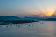 Poros island in greece. Seascape view from the top of the island during sunset.
