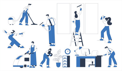 Canvas Print - Cleaning Service with Professional Worker Characters Vector Set