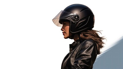 Portrait of confident motorcyclist woman posing with a black helmet on a white background.