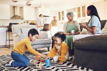 Poster - Family home, kids and siblings with toys, living room and play on floor with grandparents, parents or games. Men, women and children for building blocks, development and learning in lounge in house