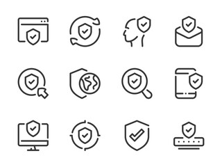 Poster - Data security and Cyber protection vector line icons. Web guard and Personal safety outline icon set. Shield with check mark, Access security, Guard and more.
