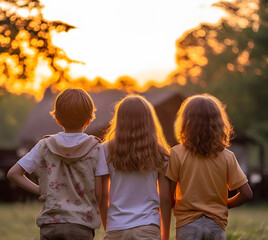 View from behind a group of young children watching the sunset in an urban neighbourhood.