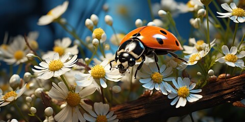 Wall Mural - AI Generated. AI Generative. Ladybird ladybug on saisies field. Insect nature outdoor landscape background flower leaf and bug. Graphic Art