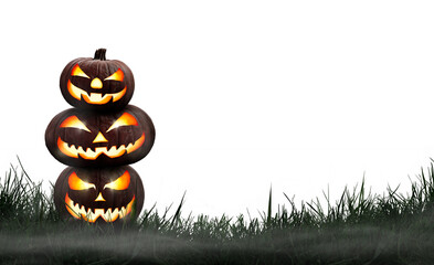 Wall Mural - three lit jack-o-lantern, halloween pumpkin lanterns on a dark nighttime grass with an isolated tran