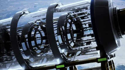 Wall Mural - sleek laboratory made of metal and glass, reminiscent of a spaceship, revolving around Earth's orbit. elements furnished by nasa