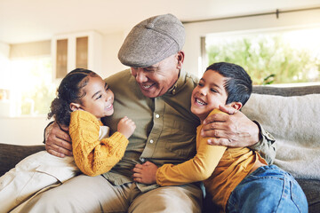hug, grandfather or happy children in family home on sofa with love enjoying quality bonding time to