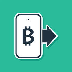 Poster - Blue Mining bitcoin from mobile icon isolated on green background. Cryptocurrency mining, blockchain technology service. Vector