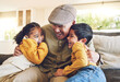 © Azee/peopleimages.com - Hug, grandpa or happy kids laughing in family home on sofa with love enjoying bonding time together. Smile, affection or senior grandfather relaxing with funny children siblings on couch in house
