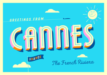 Wall Mural - Greetings from Cannes, France - The French Riviera - Touristic Postcard.