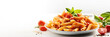 Italian macaroni pasta with tomato sauce on white background. Banner top view. Copy space. Panorama view