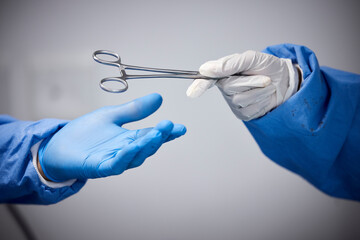 Canvas Print - Surgery, hands or doctors with scissors with medicine or surgical procedure or healthcare in hospital. People, medical safety tools or closeup of surgeon in gloves helping in operating room in clinic