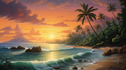 Wall Mural - Fantastic Tropical Beach with a lot of Vegetation and Palms with an Incredible Blue Water during the Sunrise. Oil Painting, Cartoon Style. Generative AI.