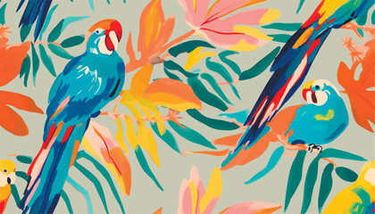 Poster - Modern tropical pattern with parrots. Cute botanical abstract contemporary seamless pattern. Hand drawn unique print.