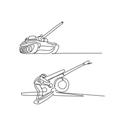 Vector tank and howitzer and  continuous single line drawing, minimalism army transportation.