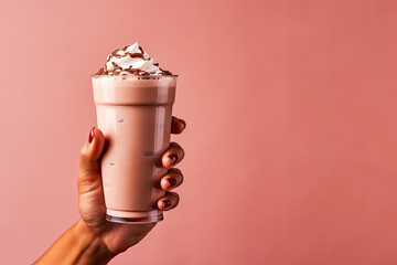 Wall Mural - Close up of female hand holding a glass of chocolate milkshake on pink background