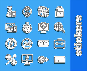 Sticker - Set line Envelope, Gear and arrows workflow process concept, Stopwatch, Financial chart graph the computer monitor mobile phone, Calculator money bag and Computer pound sterling symbol icon. Vector