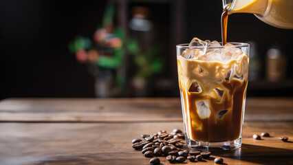 Iced coffee with milk in a glass on a wooden table.Background with copy space