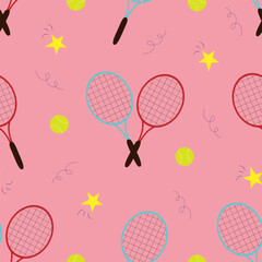 Wall Mural - Vector seamless pattern with tennis rackets and balls in cartoon style. Vector tennis background