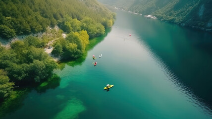 Poster - Two athletic man floats on a red boat in river. Generative Ai