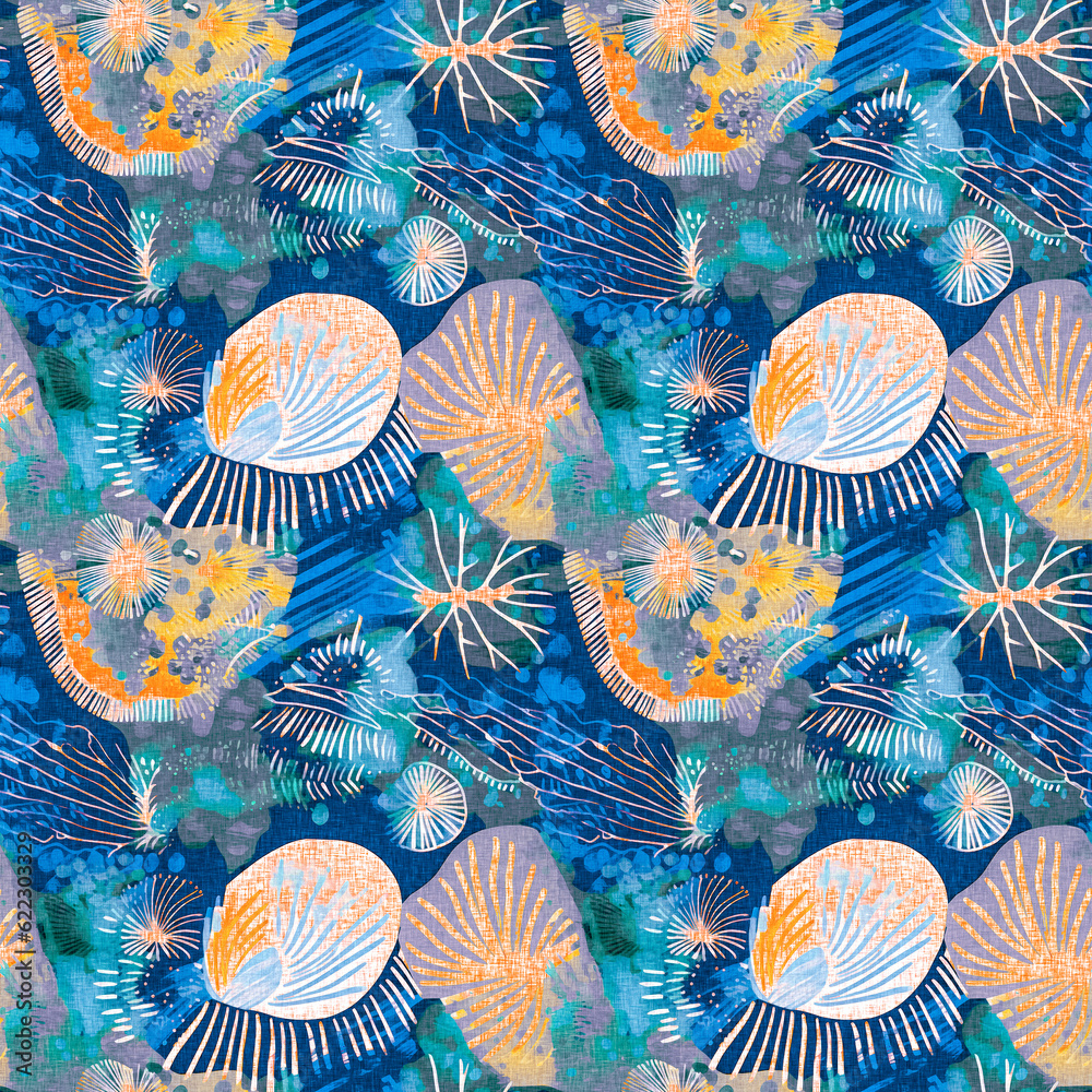 Repet Shell Prints Seamless blue red underwater shell clam repeat background. Tropical ...