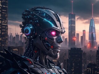 AI rules the city. Danger of strong artificial intelligence, threat to planet, future risk of bad scenario, creating dangerous ASI, scary superintelligence. Generative AI