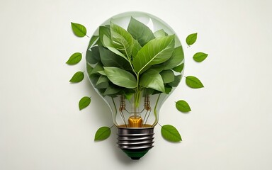 Eco-Friendly light bulb from fresh leaves to view, the concept of renewable energy and sustainable living generative AI