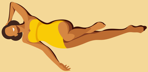 Wall Mural - vector image of a tanned girl with a perfect figure in a yellow retro swimsuit sunbathing on the beach against the background of sand. useful for summer holidays, resorts, hotels, beaches, vacations.