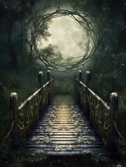 Wall Mural - Generative AI: fantasy landscape with wooden bridge to the sky amd big moon