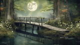 Fototapeta Las - Generative AI: fantasy landscape with wooden bridge to the sky amd big moon