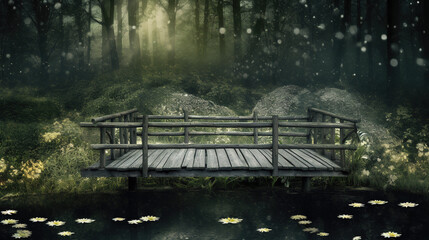 Wall Mural - Generative AI: fantasy landscape with wooden bridge to the sky amd big moon